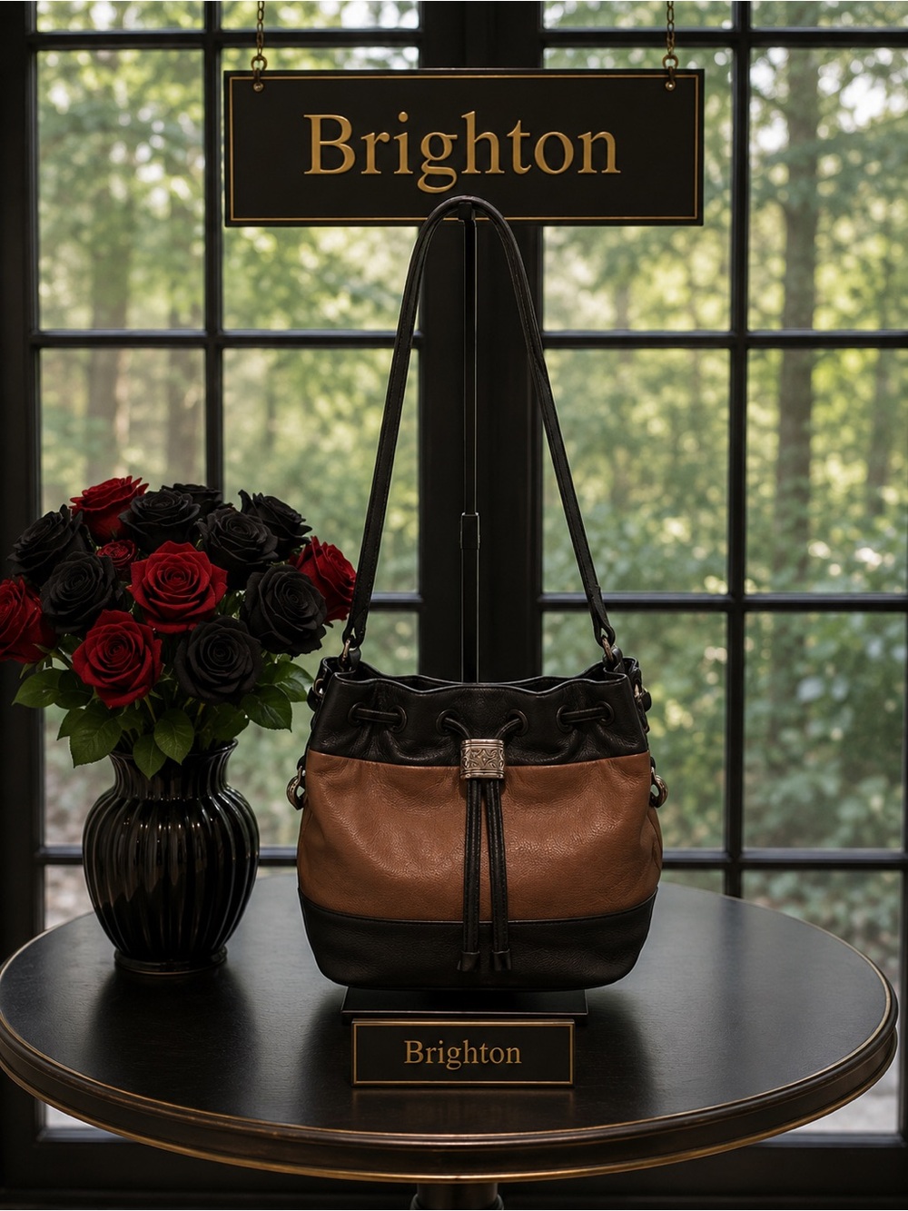 Brighton Brown and Black Leather Drawstring Shoulder Bag